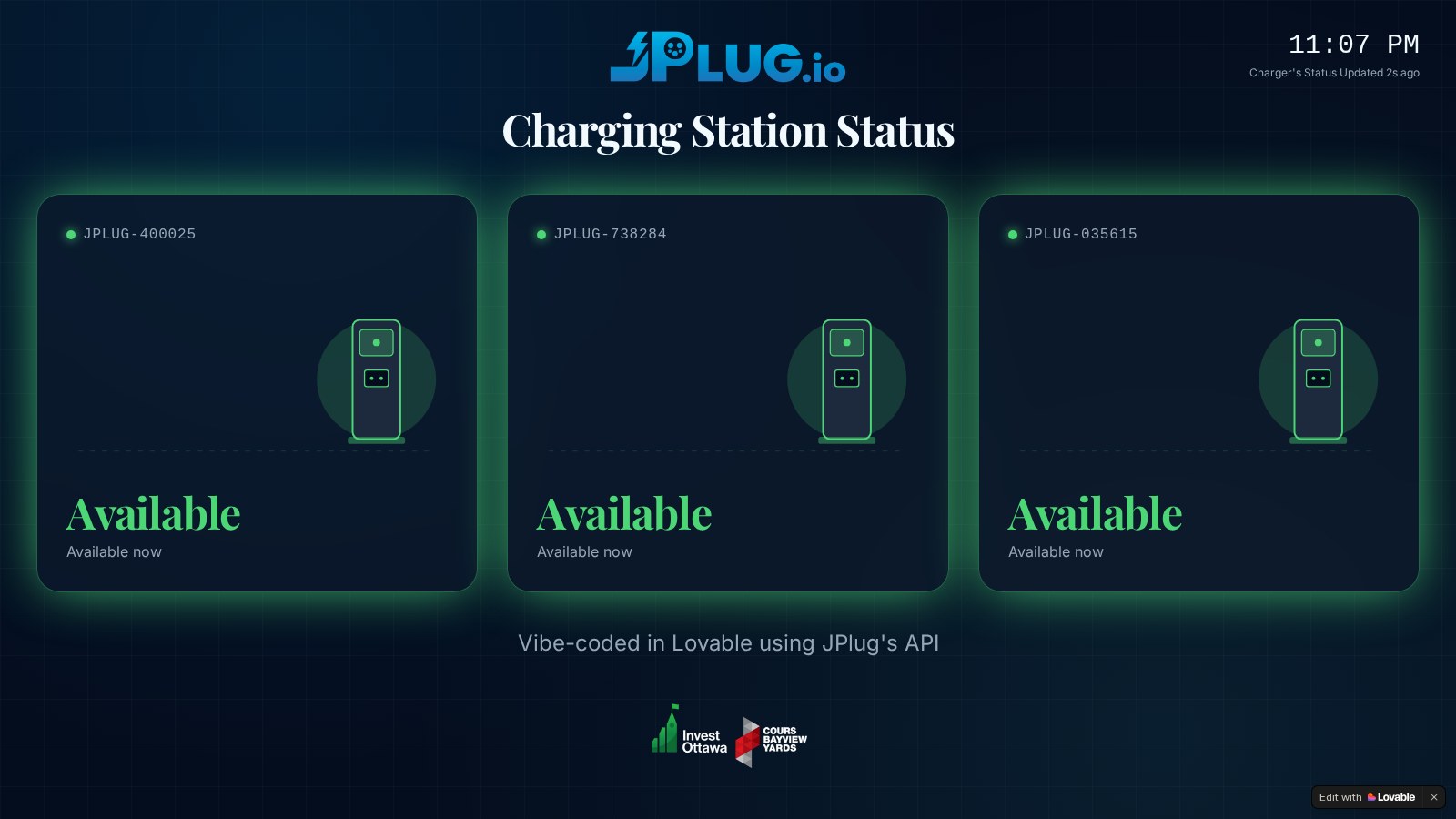 Bayview Yards live charging station status dashboard