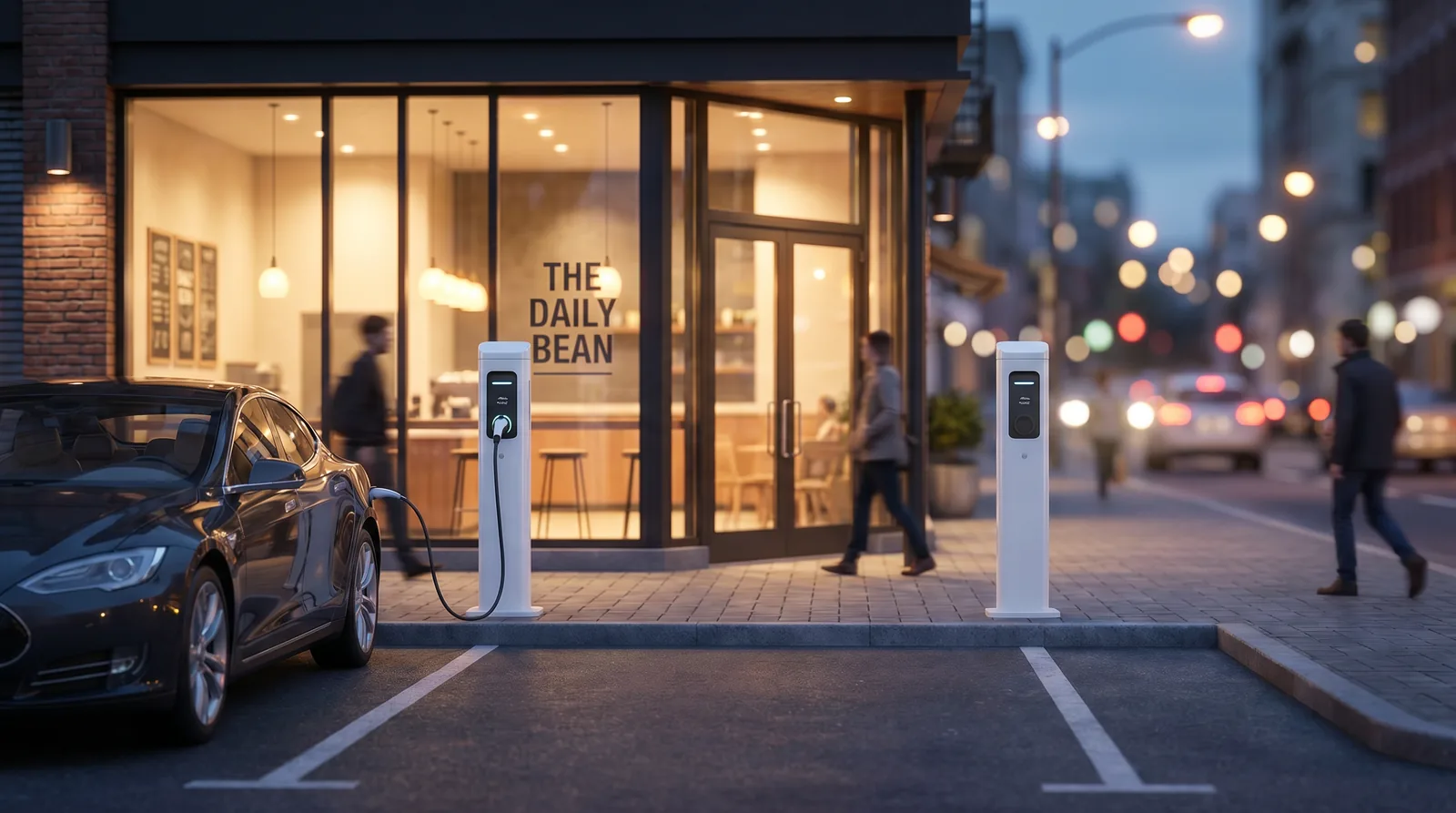 EV charging stations in front of a café